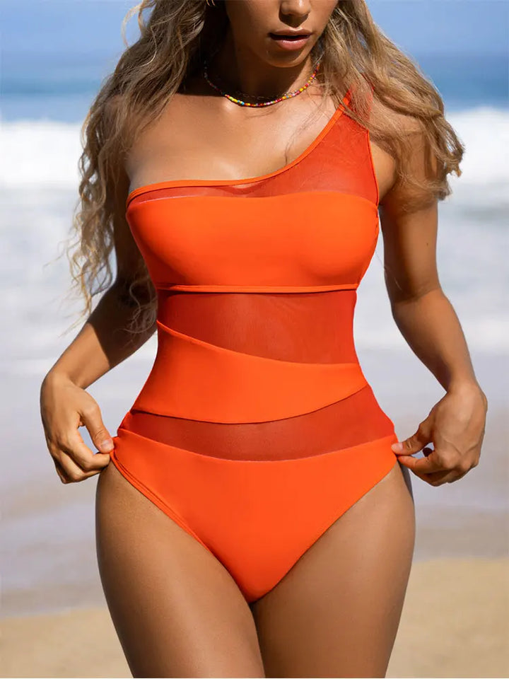 One shoulder Mesh Patchwork One-pieces Swimwear