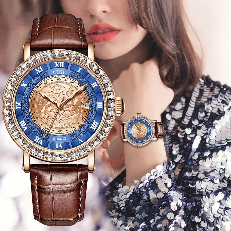 Leather Ladies Zircon Crystal Wristwatch