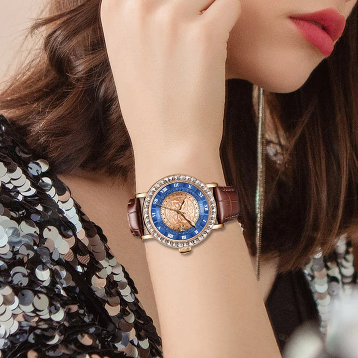 Leather Ladies Zircon Crystal Wristwatch