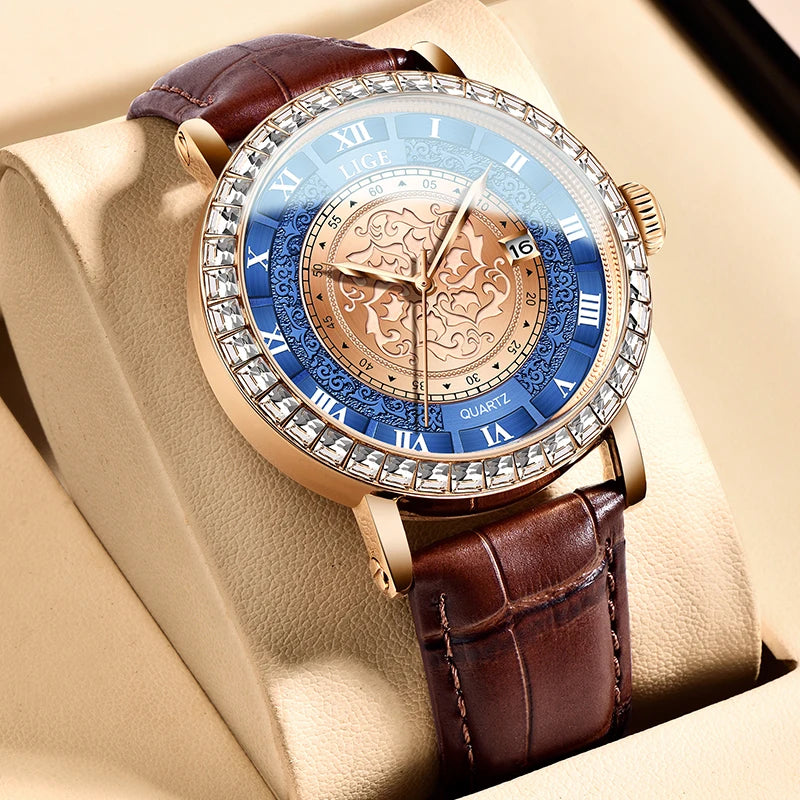 Leather Ladies Zircon Crystal Wristwatch