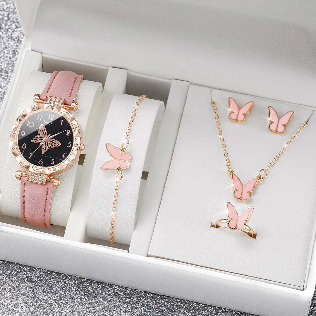 5PCS/Set Rhinestone Butterfly Watch