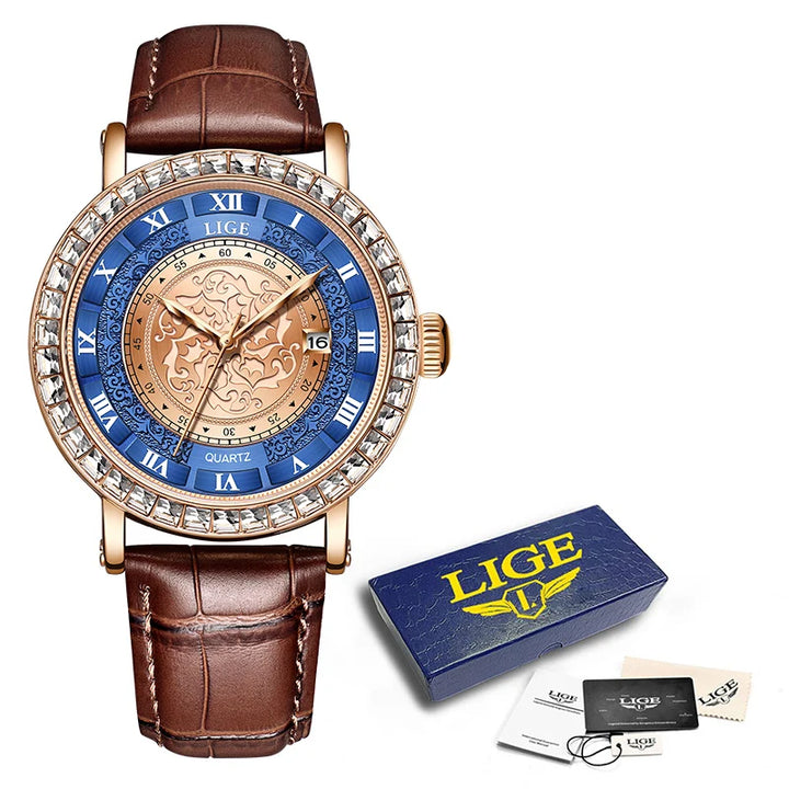 Leather Ladies Zircon Crystal Wristwatch